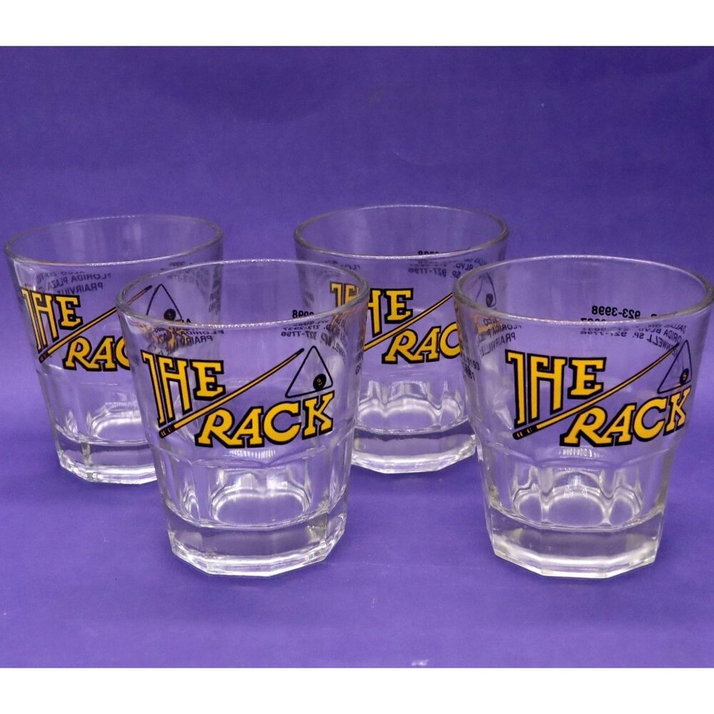Set of 4 Vtg Advertising Rocks Glasses - The Rack‎ Pool Hall Advertising Barware